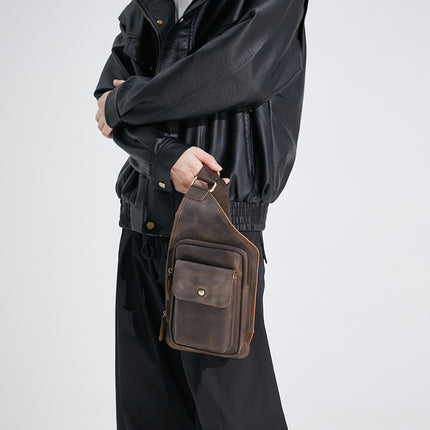 Men's Bag Sports Chest Bag First Layer Cowhide Crossbody Men's Bag Large Capacity Crossbody Bag European and American Retro Crazy Horse Leather Chest Bag