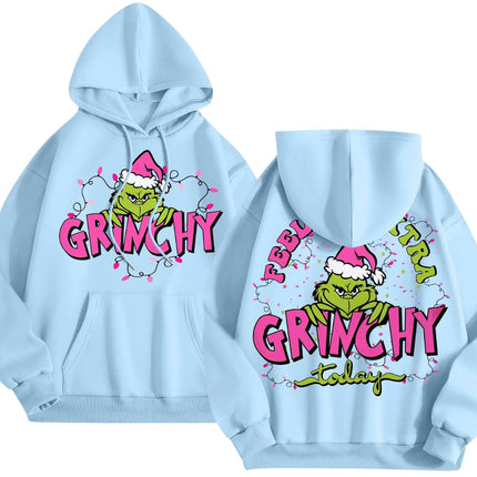 2024 Cross-border Autumn Simple pink Letter Font Printing Men's and Women's Hooded Christmas Green Hair Monster