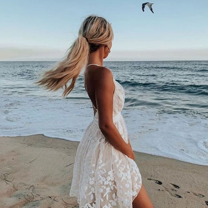 Cross-Border 2023 Summer New European and American Sexy Deep V Neck Backless Suspender Dress Amazon Lace Beach Dress