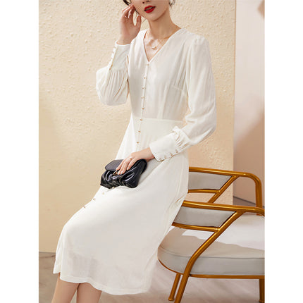 European Style White Velvet Silk Dress for Women 2025 New V-Neck French High-Waisted Mulberry Silk Long Dress