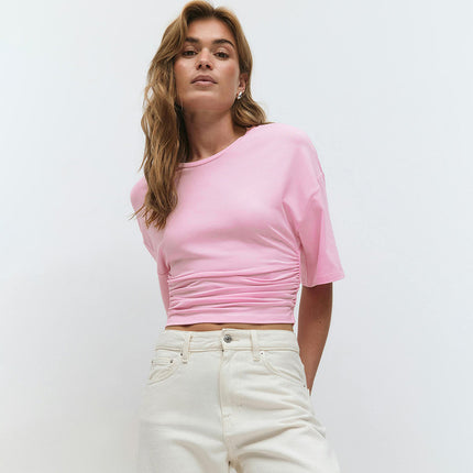 Ins Style Cross-Border New Women's Clothing Pure Color Round Neck Exposed Navel Pleated Casual Street Vacation Sexy Slimming Look Top for Women