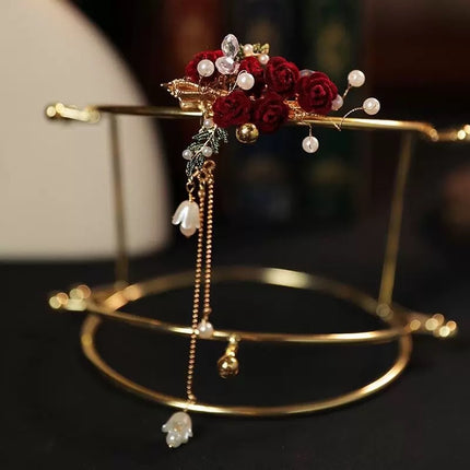 Toast Clothing Side Clip Headwear Tassel Side Clip Red Rose Hairpin Classical Cheongsam Hanfu Daily Accessories
