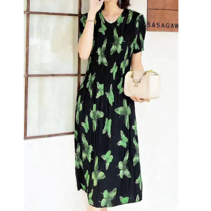 Miyake pleated 2025 summer new temperament round neck printed pleated skirt fashion waist thin magic dress