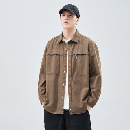 Heavy Wash Cotton Japanese Style Retro Fashional Brand Loose Casual Shirt Jacket Brown in stock Single Square Collar