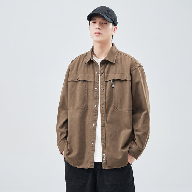 Heavy Wash Cotton Japanese Style Retro Fashional Brand Loose Casual Shirt Jacket Brown in stock Single Square Collar