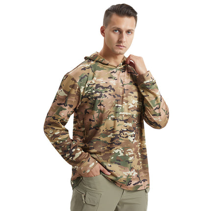 New Men's Long-Sleeved Quick-Drying Hooded Sun Protection t Outdoor Tactical Sports Physical Fitness Breathable Camouflage T-Shirt Camping Style Fishing