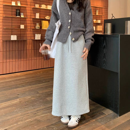 Fleece-Lined Thickened Skirt for Women, Autumn and Winter 2025 New Style, Drawstring High-Waisted Straight Casual Skirt, Versatile A-Line Long Skirt