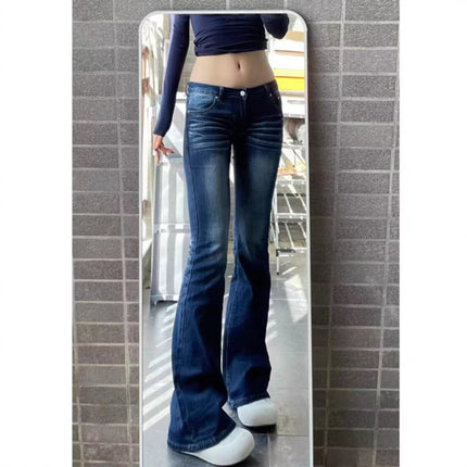 Extended American Retro Cat Print Low-Waist Hot Girl Flared Jeans for Women, Autumn Stretchy Slim-Fit Floor-Length Pants