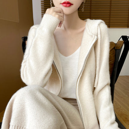2024 Autumn and Winter New Pure Wool Hooded Sweater Cardigan Women's Loose Casual Zipper Knitted Sweater Coat Hoodie