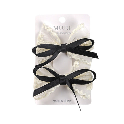 2 Card Hair Cards Elegant Girl Bow Hairpin Ribbon Hair Accessories Korean Style New Lace Side Bangs Clip