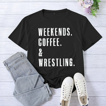 Cross-border Amazon WEEKENDS COFFEE WRESTLING printed short-sleeved women's top T-shirt European code