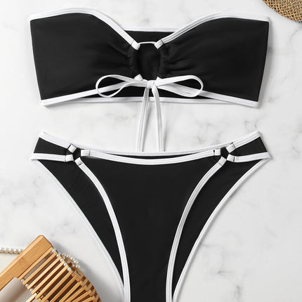 European and American Style Sexy Bandeau Bikini Swimsuit for Women, Solid Color with Chest Pads, Simple Cross-Border Two-Piece Swimsuit