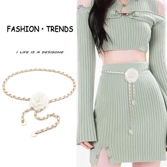 Camellia Flower Waist Chain for Women, Thin Belt, 2026 New Style, Chanel-Inspired Metal Chain Decoration, Paired with Dresses, High-End Waist Belt