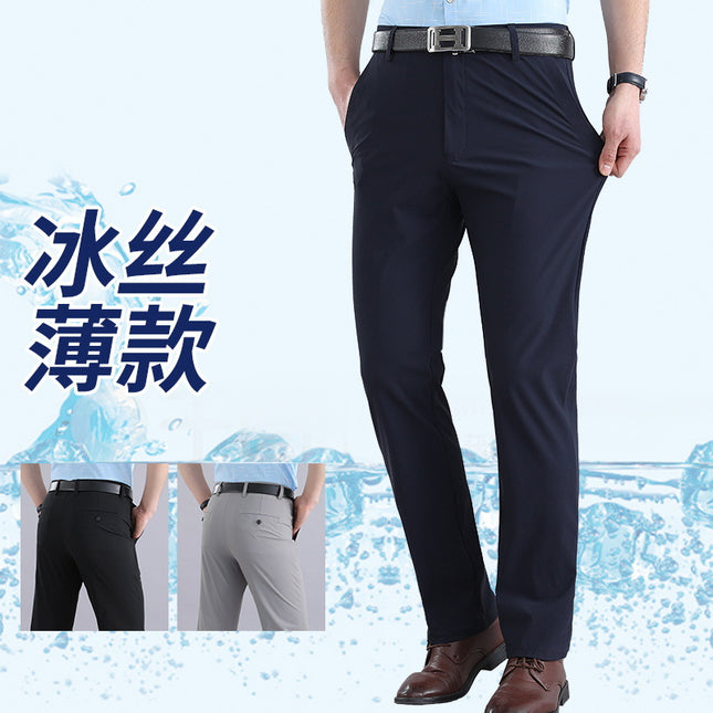 Ice Silk Stretch Pants Summer Thin Men's Non-ironing Casual Pants Men's Straight Slim-fit Business Black Pants