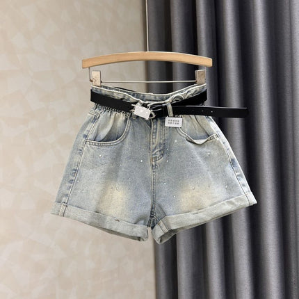 Black Grey Denim Shorts Women's Summer New Western Style Hot Drilling Slim Retro High Waist Curled Wide Leg Pants Hot Trendy Pants