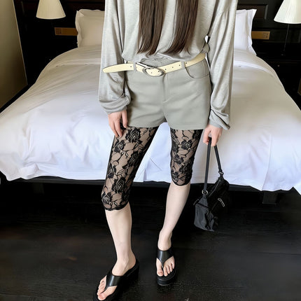 Lace Super Book Straight Five-point Leggings Slim-fit High-elastic Outer Wear plus size Safety Pants Rose Crochet Casual Trendy Pants