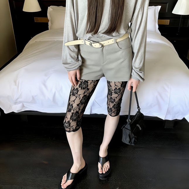 Lace Super Book Straight Five-point Leggings Slim-fit High-elastic Outer Wear plus size Safety Pants Rose Crochet Casual Trendy Pants