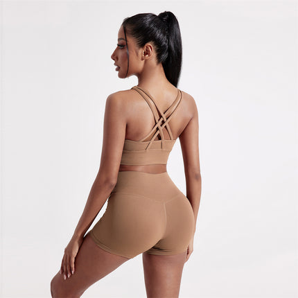 Summer Solid Color Fitness suit Two-Piece Sexy Back Cross Sports Underwear Naked Tight Three-Piece Shorts