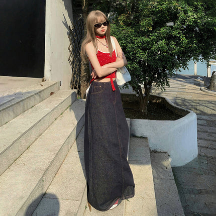 American Style Retro Hot Girl Loose Skirt Women's 2025 Summer New High Waist Draping All-match Split Denim Long Skirt