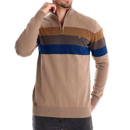 Autumn and Winter Fashion Semi-Cross-Border Striped Knitwear Men's Spliced Pullover Zipper Men's Knitwear Khaki Green