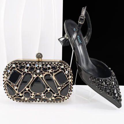 Queenyan Export Mirror Large Diamond Clutch and Women's High-Heeled Shoes Combination Set Elegant and Simple Banquet