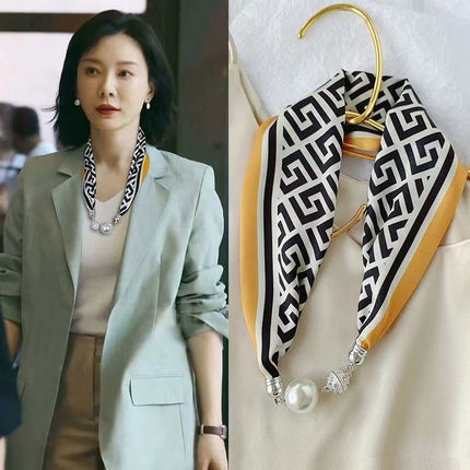 2026 New Magnetic Buckle Small Silk Scarf with Geometric Patterns and Rhinestones, Magnetic Necklace Scarf, Women's Hairband Scarf