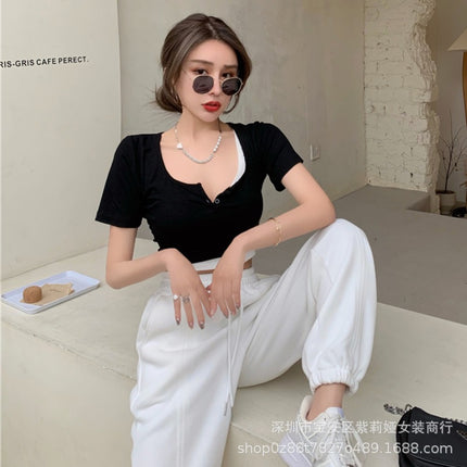 92 Rayon 8 Spandex Summer New Hot Girl Fake Two-Piece Short-Sleeved T-Shirt Women's Niche Slim Bm Short Crop Top