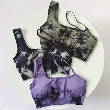 Seamless Fitness Suit High-Waisted Tie-Dye Women's Tight Peach Butt-Lifting Shorts European and American Quick-Drying One-Shoulder Bra Two-Piece Set