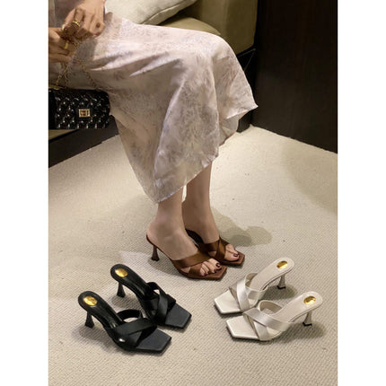 2025 European and American New Fashion Elegant High Heels Stiletto Open Toe Square Toe Sexy Slippers
