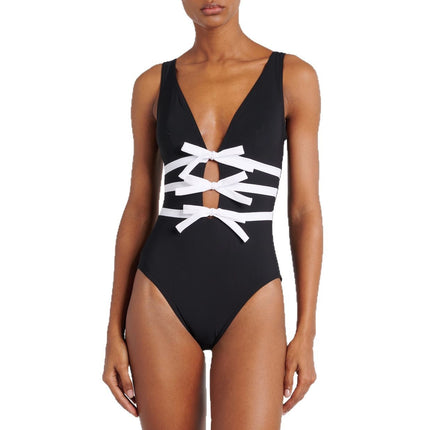 2025 European and American Swimwear New V-neck Bow Hollow Black and White Swimsuit Beach suit Women's Cross-border 25296