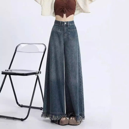 Wide Leg Jeans Women's Summer High Waist Slimming Loose Burr Edge Design Sense Dipped Pear-Shaped Figure Small Straight Pants
