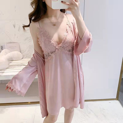 Sexy Pajamas Women's Summer Ice Silk Thin Lace 2023 New Sling Nightgown Nightgown Spring and Autumn Two-piece Set