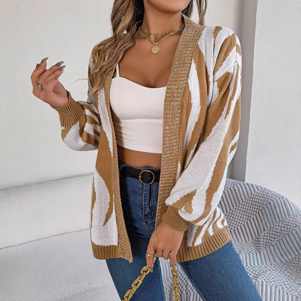 Clearance Sale Autumn and Winter New Casual Color-Block Zebra Print Lantern Sleeve Cardigan Sweater Coat Independent Cross-Border Women's Fashion