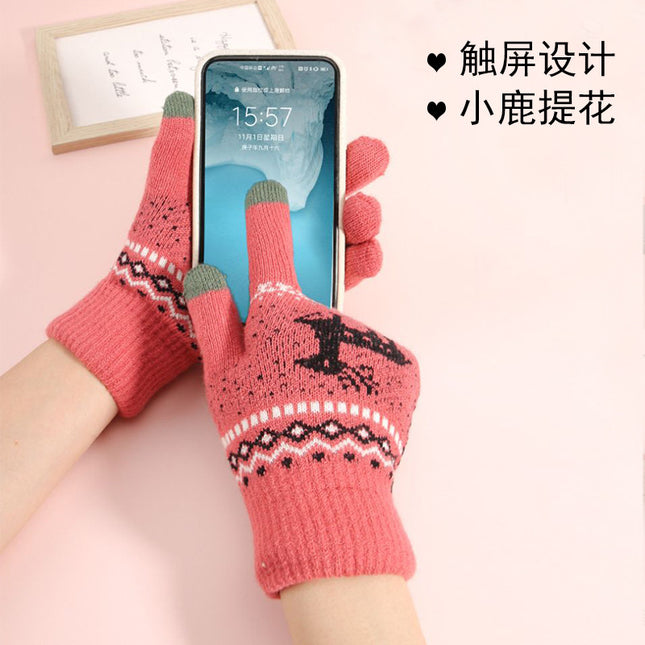 Knitted Touch Screen Gloves Men's and Women's Couple Gloves Autumn and Winter Korean Style Fawn Jacquard All-match Cold-proof Warm Cross-border Gloves