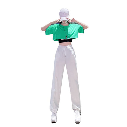 Trendy Loose-Fitting Short-Sleeve Crop Top Two-Piece Set Casual Cotton Commuting Jazz Dance Square Dance Modern Dance Practice Top