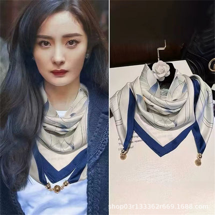 2024 New Magnetic Buckle Silks and Satins Square Scarf Women's Spring and Autum Scarf High-end Decorative Triangle Scarf Neck Protector