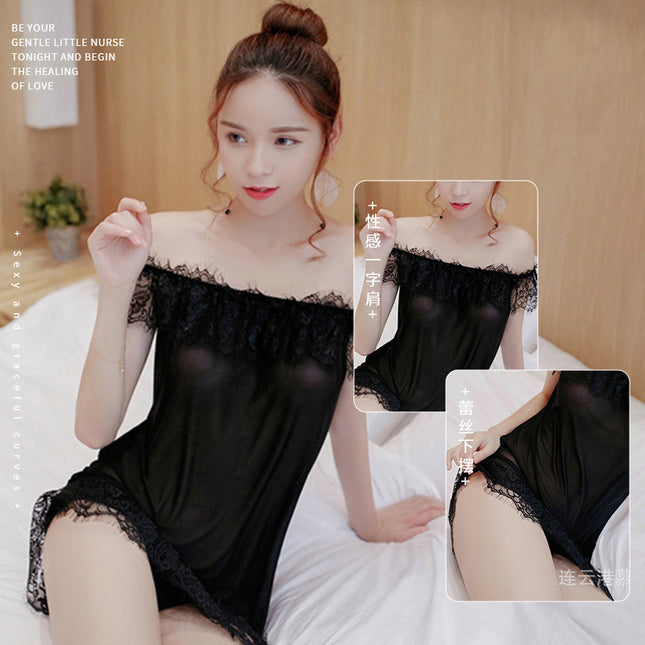 Sexy Pajamas Lace Eyelashes Perspective Sex Nightgown Bed Couples Flirting Uniform plus size off-shoulder Sex Clothes