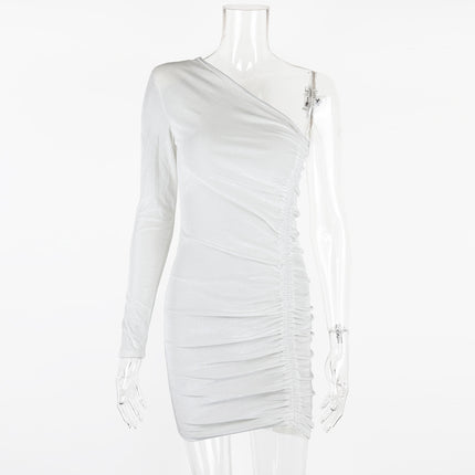 European and American Style 2023 Winter Amazon Cross-border New Women's Sexy Slim Fold Shoulder Slant Collar Dress