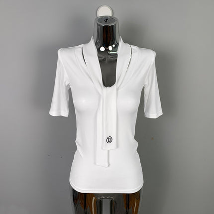 South Korea Dongdaemun V-neck Strap Sexy Figure Feminine Tight Slimming All-match Short-sleeved T-shirt Top Women's Clothing