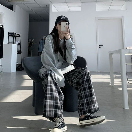 Women's plus size Pants chubby girl Spring and Summer Thin Plaid Pants Korean Style Loose High Waist Slimming Wide Leg Pants for Female Students
