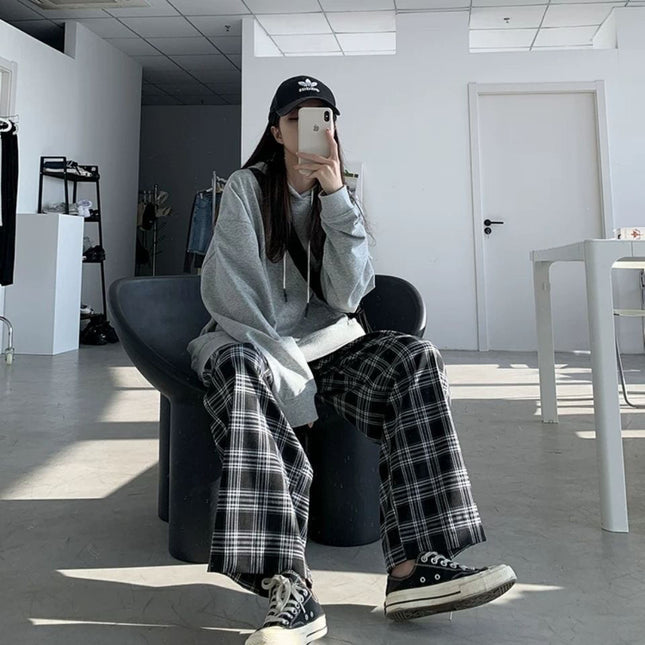 Women's plus size Pants chubby girl Spring and Summer Thin Plaid Pants Korean Style Loose High Waist Slimming Wide Leg Pants for Female Students