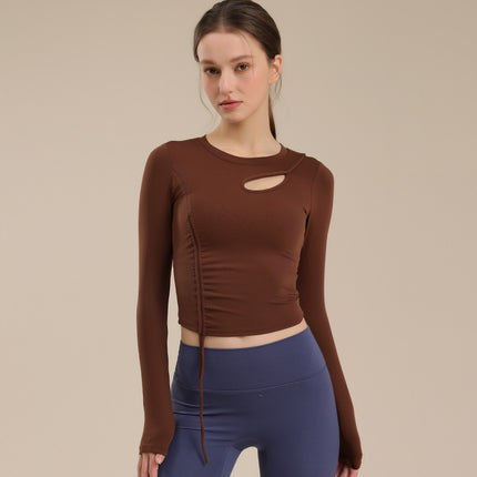 Pleated Drawstring Belt Chest Mat Yoga Suit Women's Hollow Breathable Fitness Outer Wear Sports Top Pilates Slimming Long Sleeve