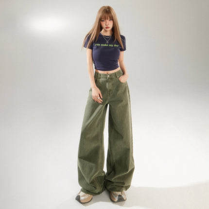 Army Green High Waist Wide Leg Jeans Women's Spring and Summer 2025 New Straight Tube Loose Slimming Casual Pants