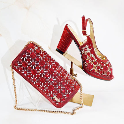 Queenyan Export Open-Toe Women's Shoes and Bags Set, Cut Out Design, Exquisite Hot Diamonds, Elegant Banquet Style