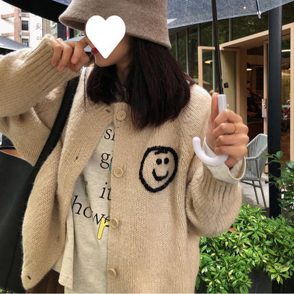 Designed Embroidered Soft and Super Loose Double-Sided Smiley Face Round Neck Sweater Cardigan Winter Korean Fashion Versatile