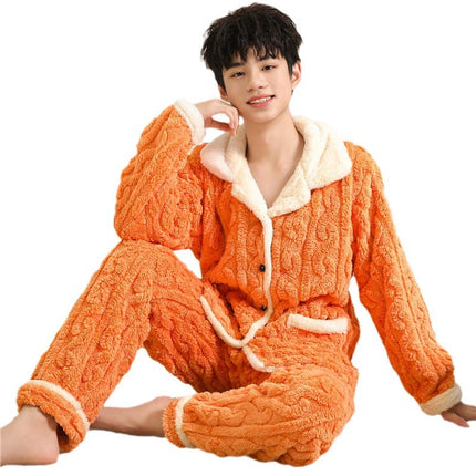 Autumn and Winter pajamas men's thickened fleece-lined warm coral fleece cartoon junior high school student home wear suit