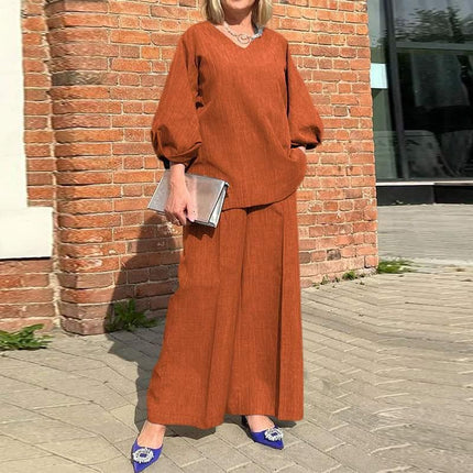 Casual Loose Clothing Fashion 2 Piece Pants Set Women's Puff Sleeve Stylish Waist Solid Color Top and Pants Set