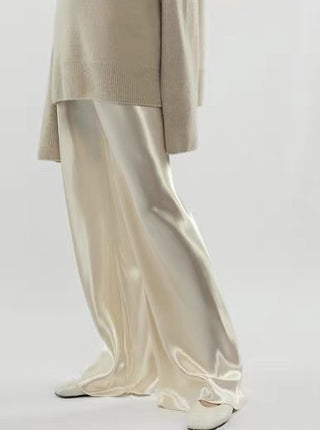 Acetate Minimalist Satin Elastic Waist Loose Flared Wide-Leg Pants for Women with Drape Effect 2026 New Spring and Autumn Casual Straight Pants