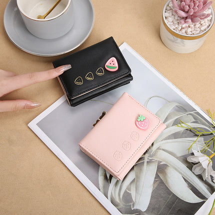 2024 New Cute Folding Women's Short Korean Style Wallet Strawberry PU Mini Clip Creative Coin Purse