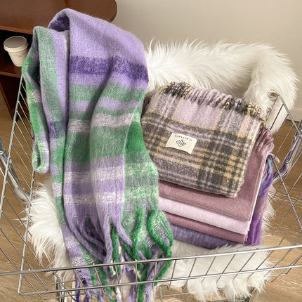 Korean Style Plaid Purple Scarf Women's Winter Warm Neck Charm High-end Tassel All-match Shawl 2024 New Style